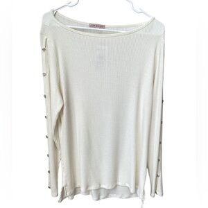 Red Haute Ribbed Button Sleeve Top Size L Creme Minimalist Capsule Wardrobe NEW
